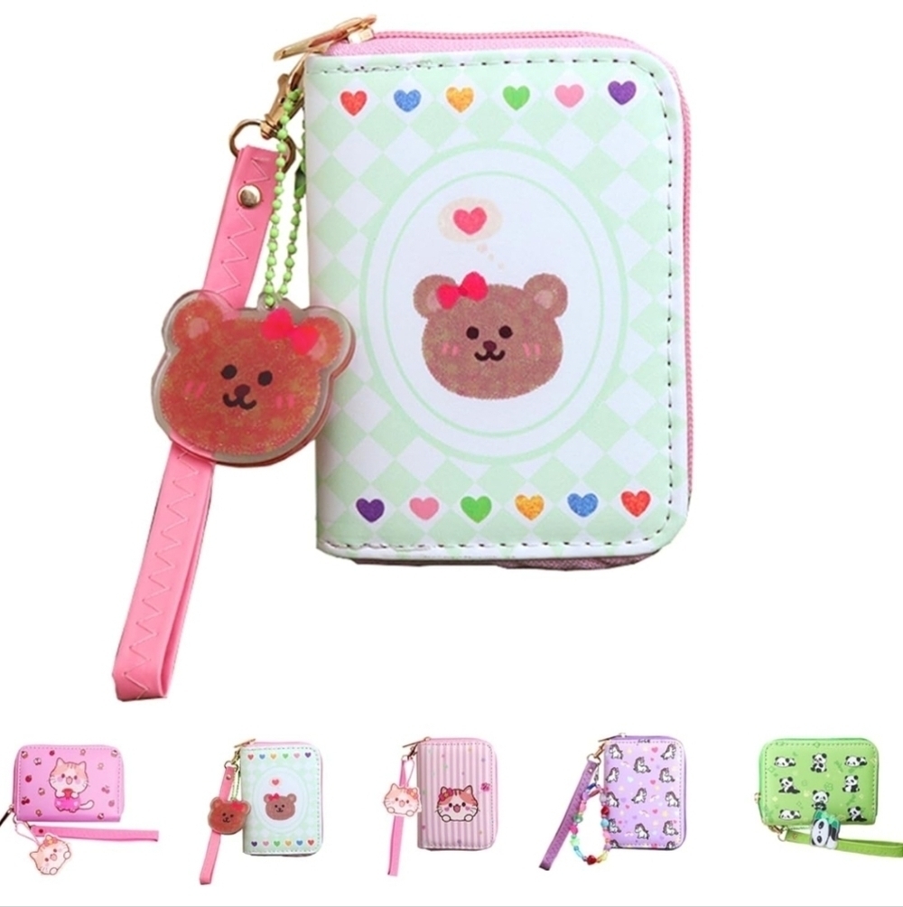 Cute Bear Kids Wallet - Green and Pink